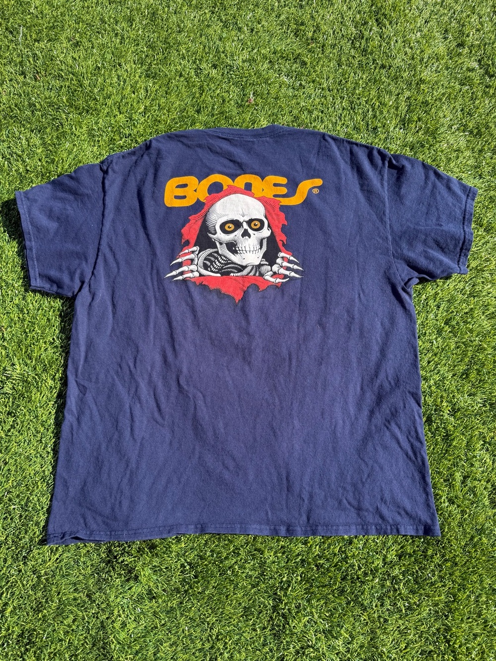 Powell Peralta Bones Navy Short Sleeve Graphic Tee with Skull Motif Size XL